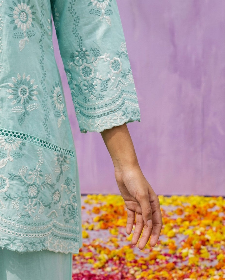 Sea Green Embroidered Cotton Satin Co-Ord Set