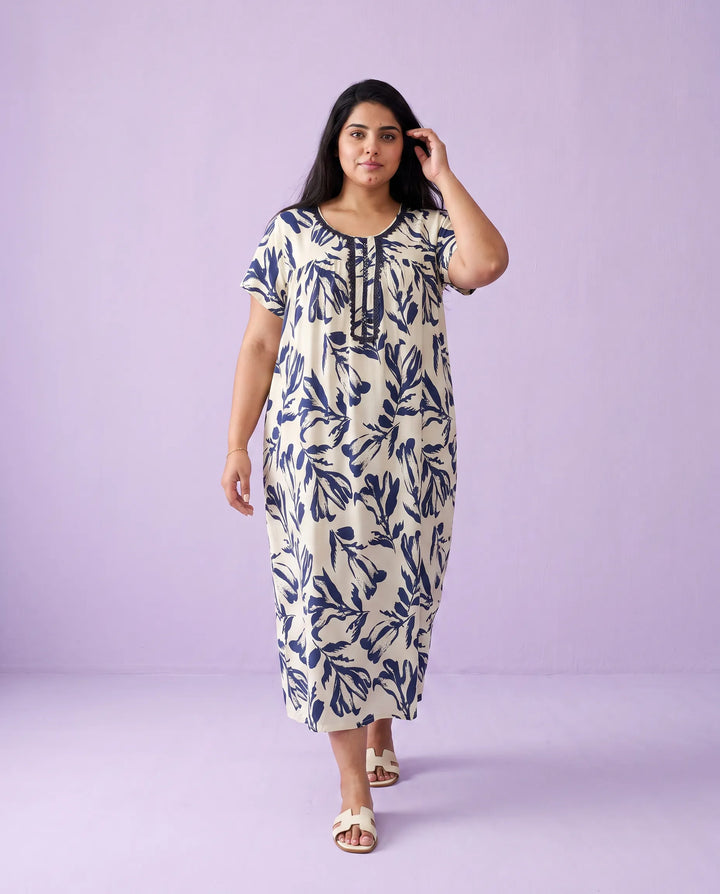 Navy Printed Super Soft Rayon Night Dress / Home Wear