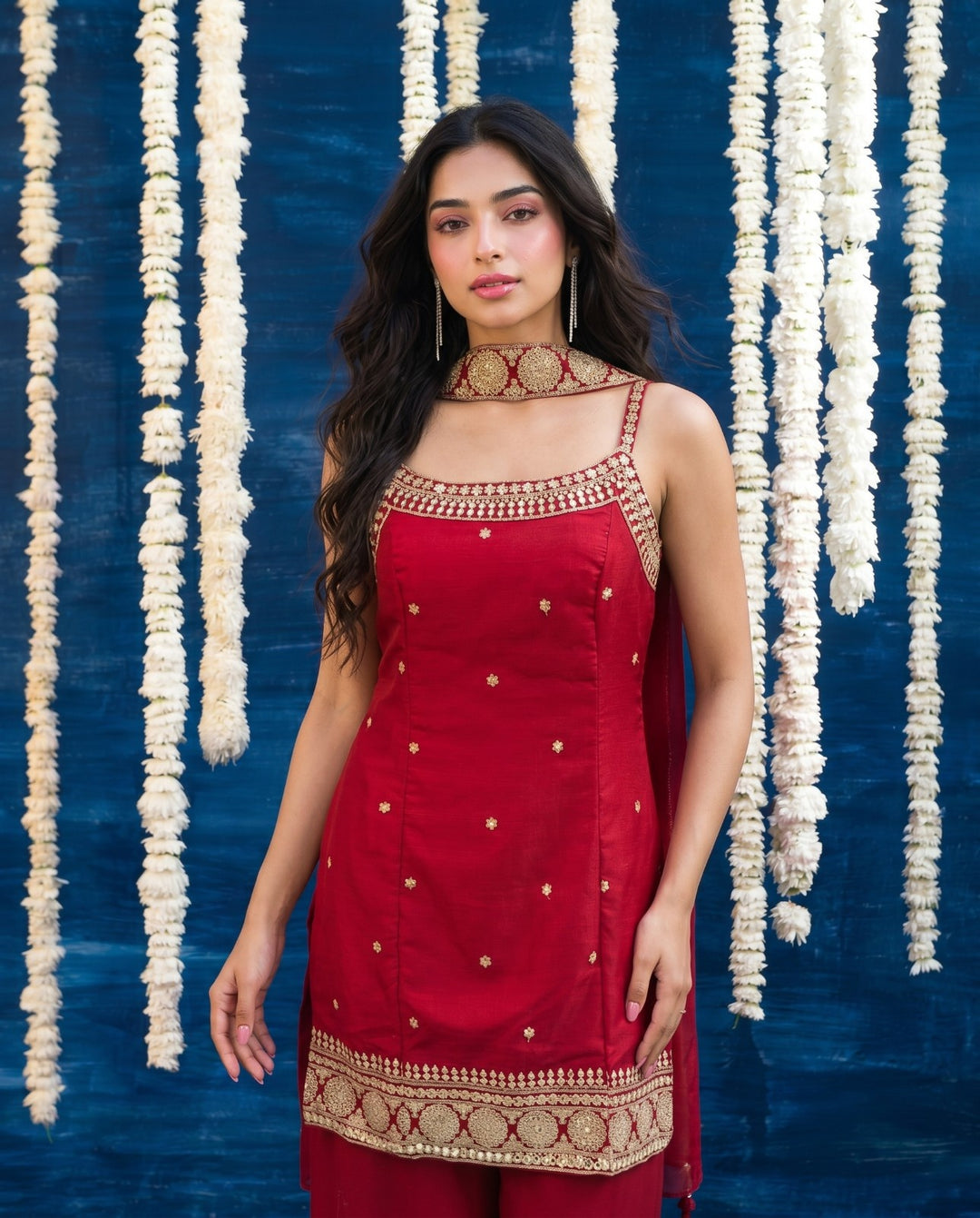 Red Embriodered Silk Blended Spaghetti Strap Kurta Bottom Dupatta Set
