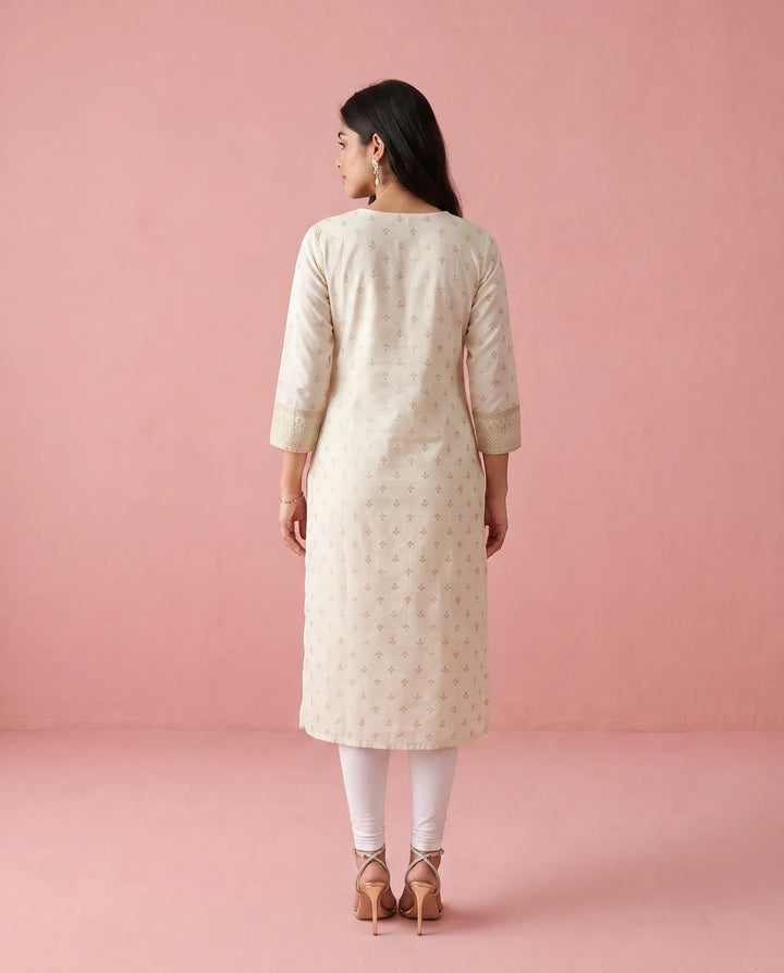 White Printed Cotton Straight cut Long Kurta