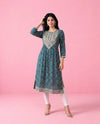 Teal Blue Embroidered Viscose Blended Straight Cut Long Kurta