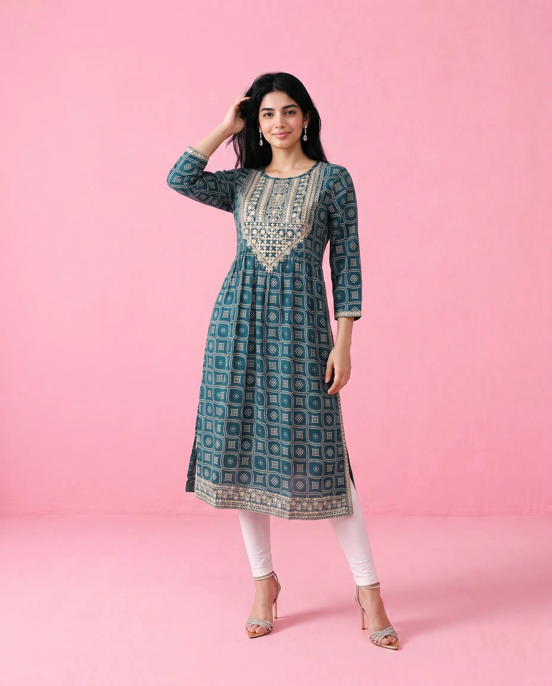 Teal Blue Embroidered Viscose Blended Straight Cut Long Kurta