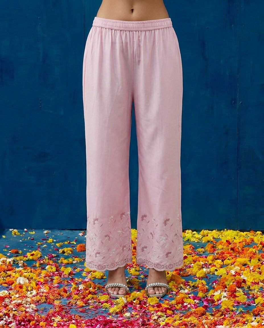 Pink Embriodered Cotton Satin Co-Ord Set