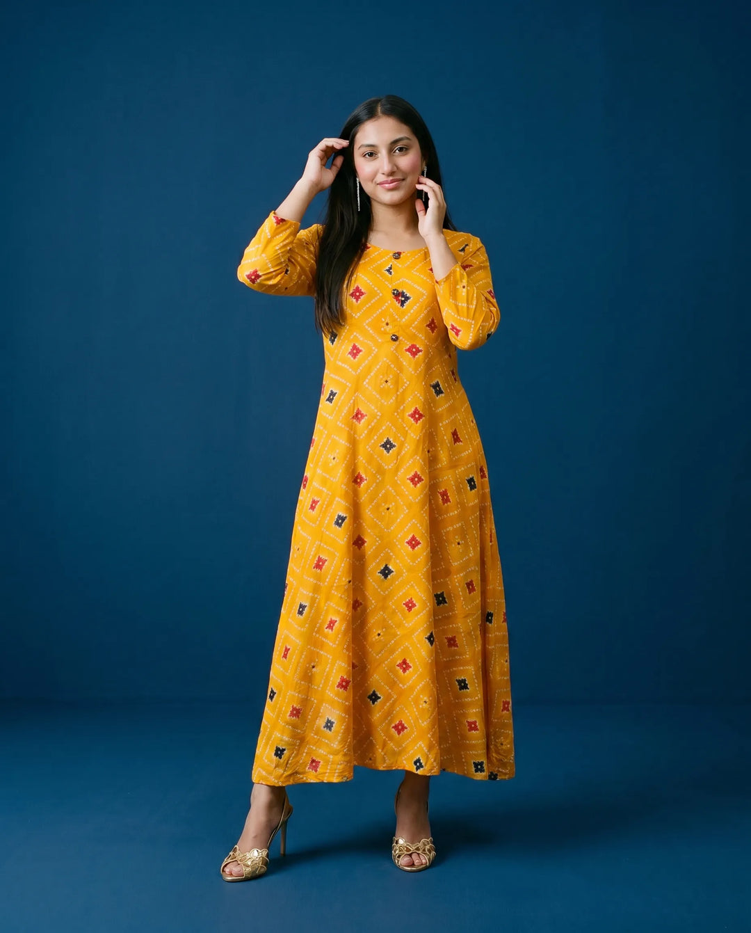 Mustard Printed Rayon Maxi Dress