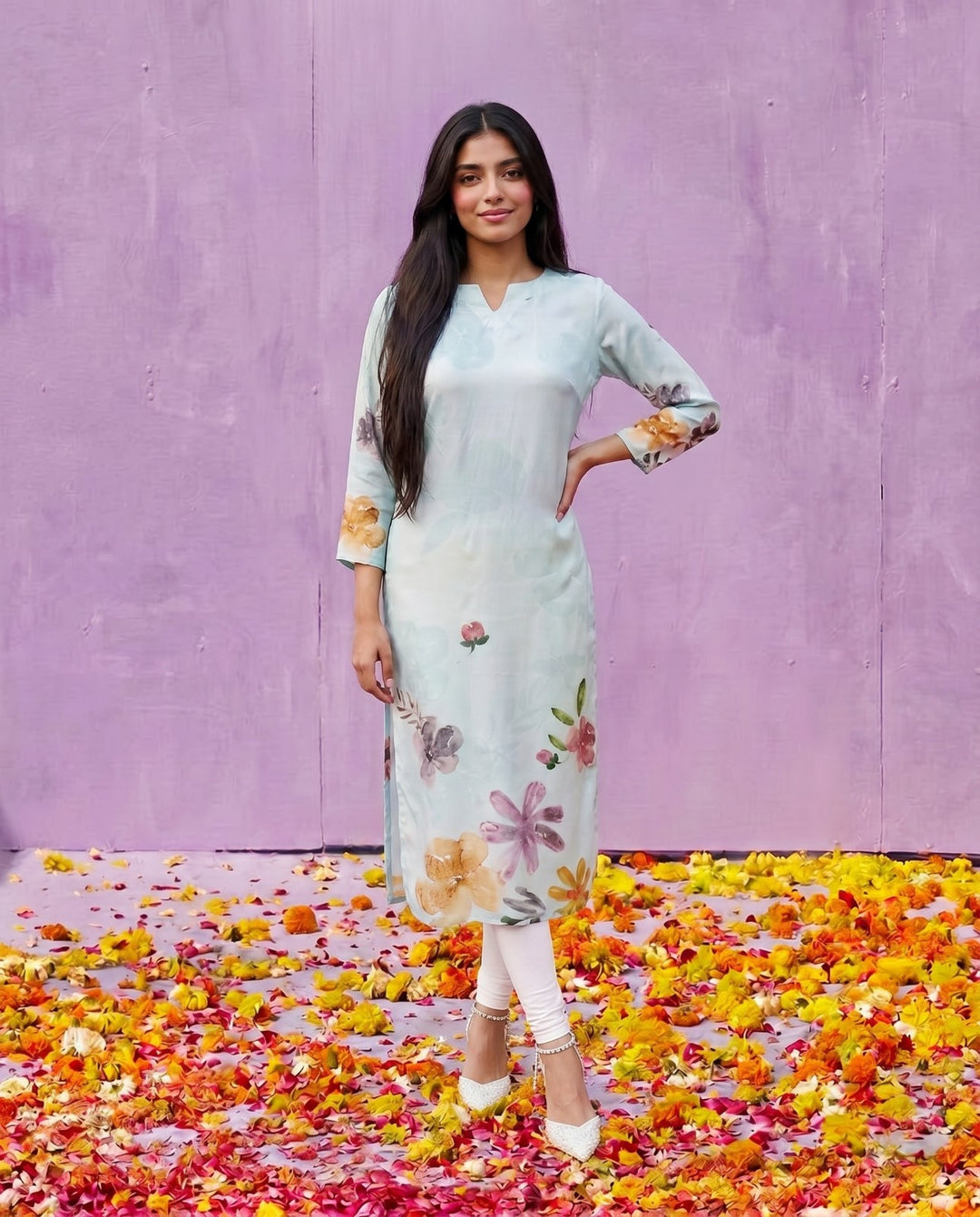 Sea Green Printed Crepe Silk Straight cut Long Kurta