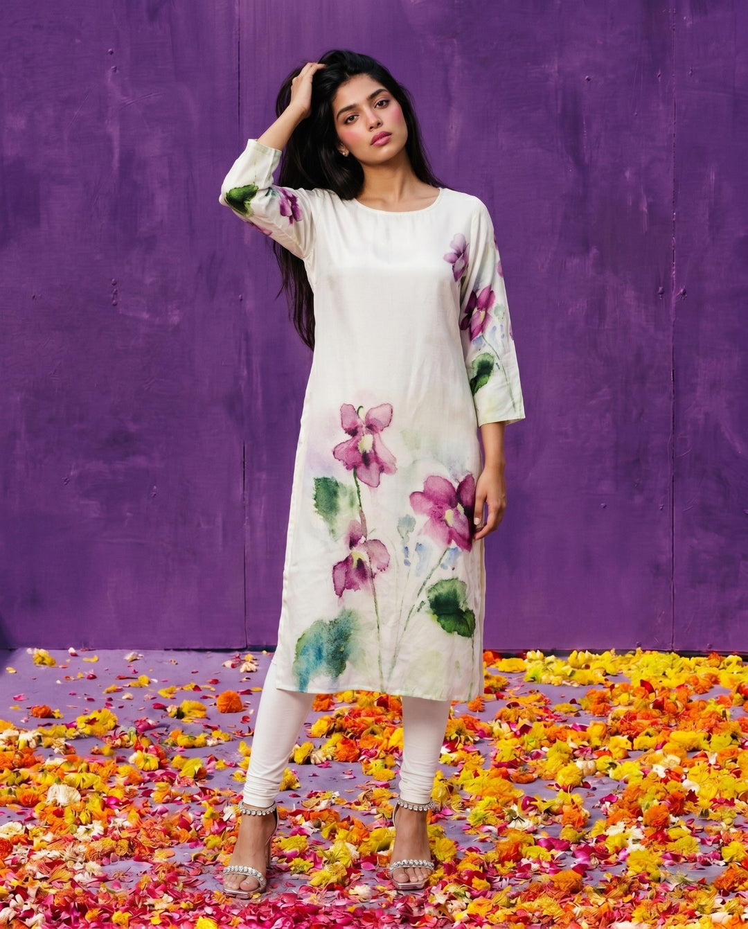 Multi Colour Printed Crepe Silk Straight cut Long Kurta