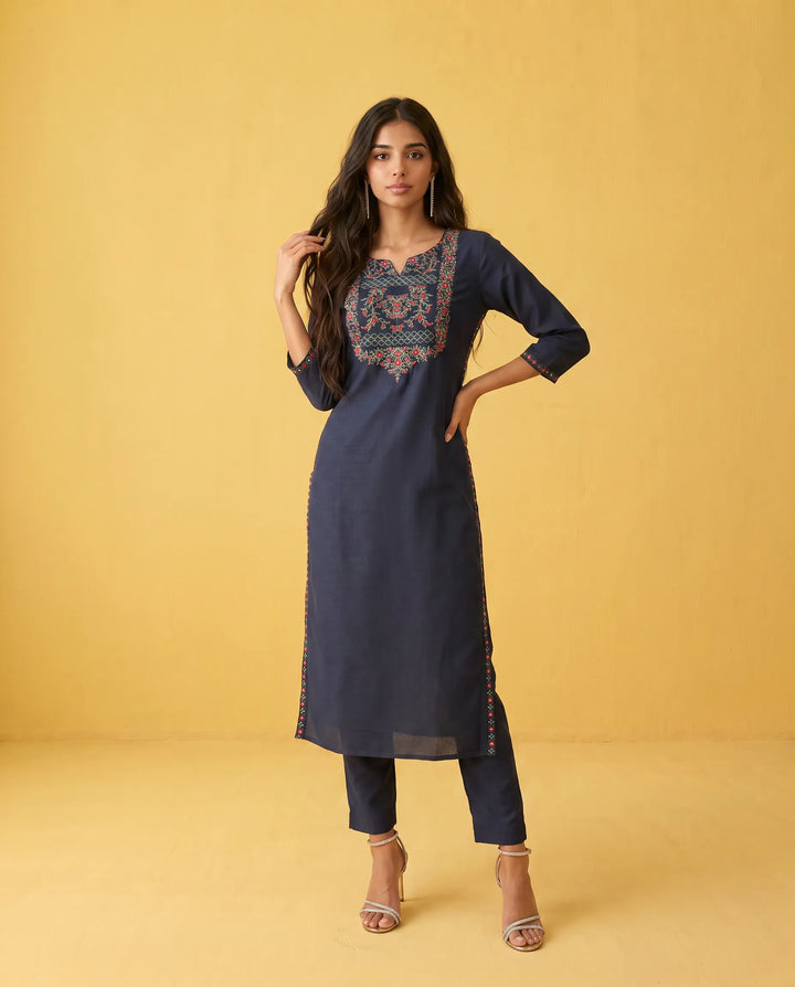 Navy Embroidered Viscose Blended Straight cut Long Kurta