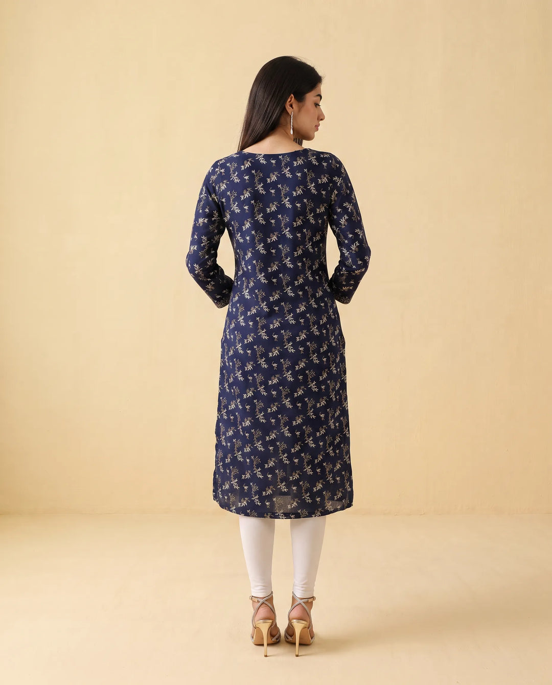 Navy Printed Cotton Straight Cut Long Kurta