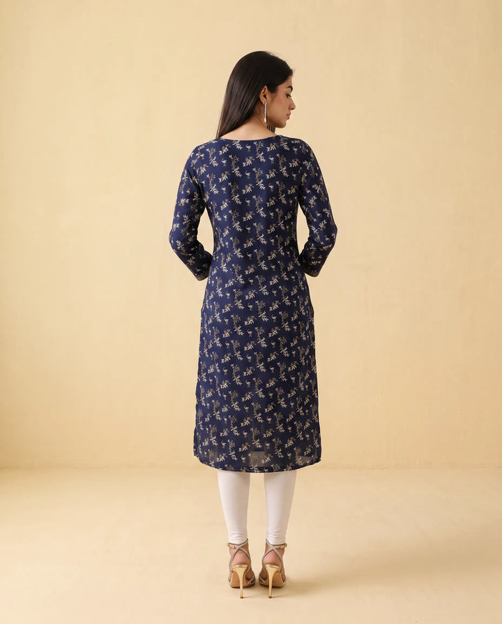 Navy Printed Cotton Straight Cut Long Kurta