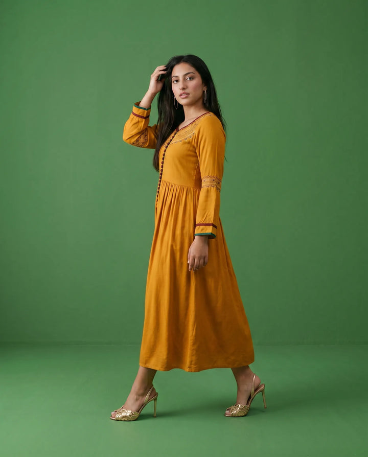 Mustard Embriodered Cotton Maxi Dress