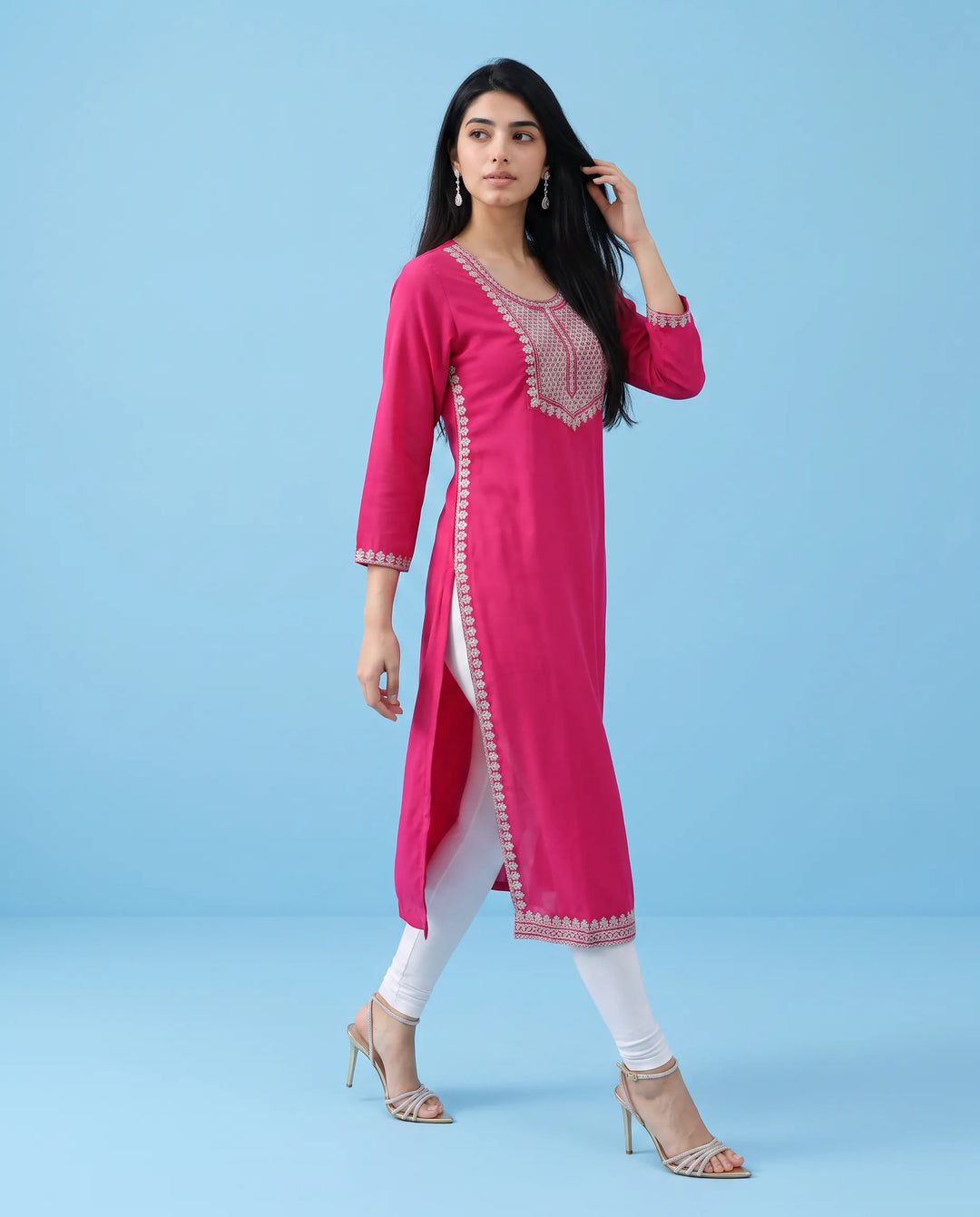 Pink Embroidered Rayon Straight cut Long Kurta
