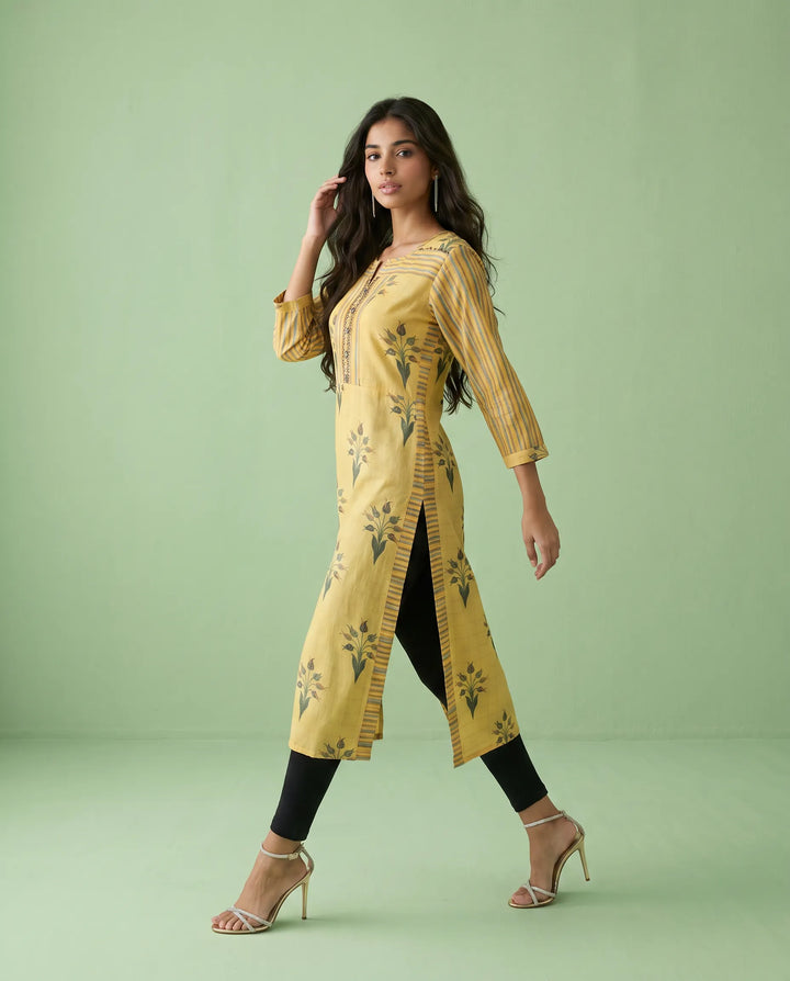 Yellow Printed Cotton Straight cut Long Kurta