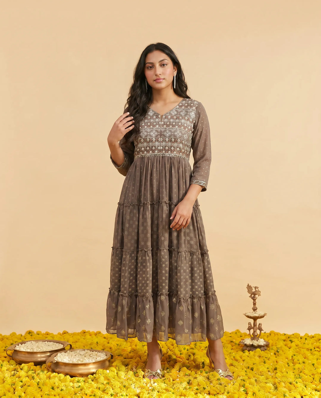 Brown Embriodered Georgette Maxi Dress