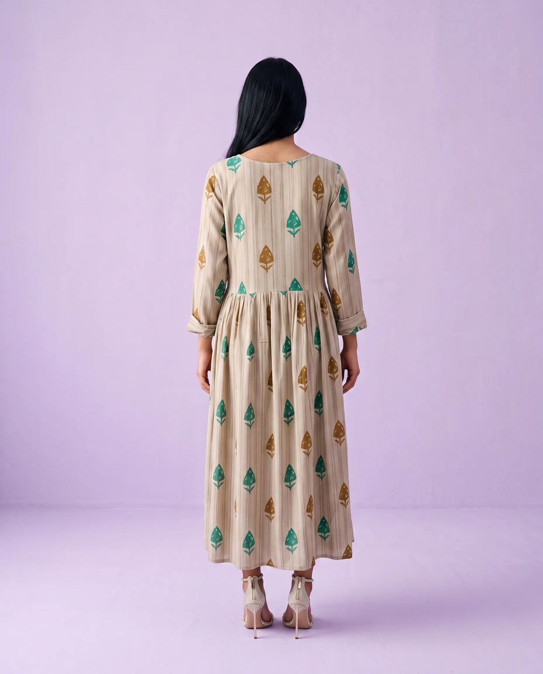Beige Printed Cotton Maxi Dress