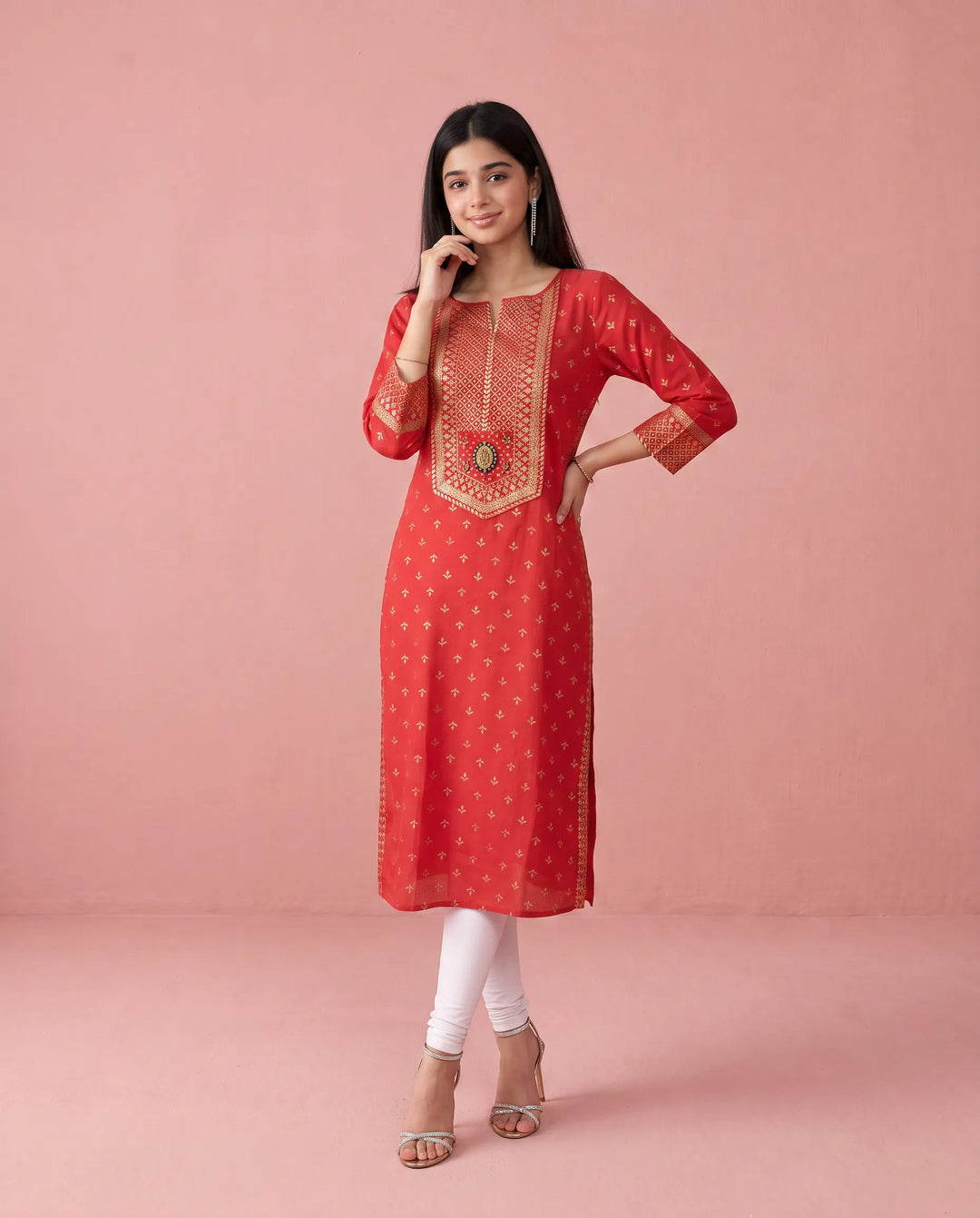 Red Printed Cotton Straight cut Long Kurta