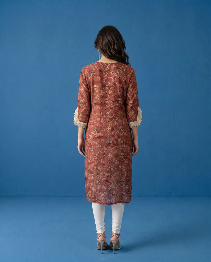 Brown Printed Viscose Blended Straight cut Long Kurta