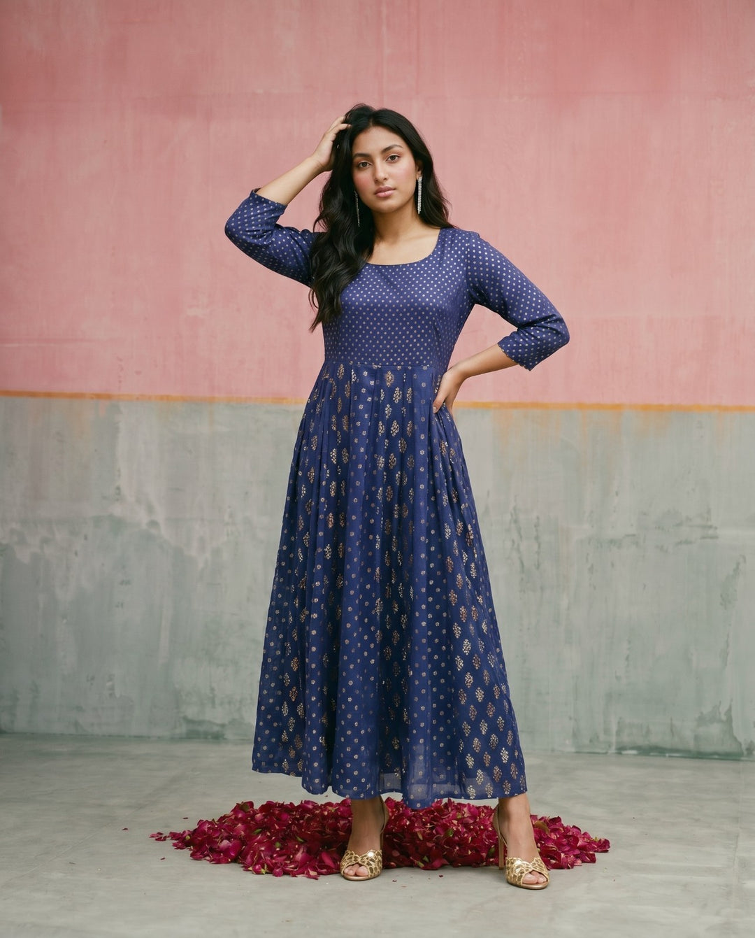 Navy Printed Mal Cotton Foil Printed Maxi Dress