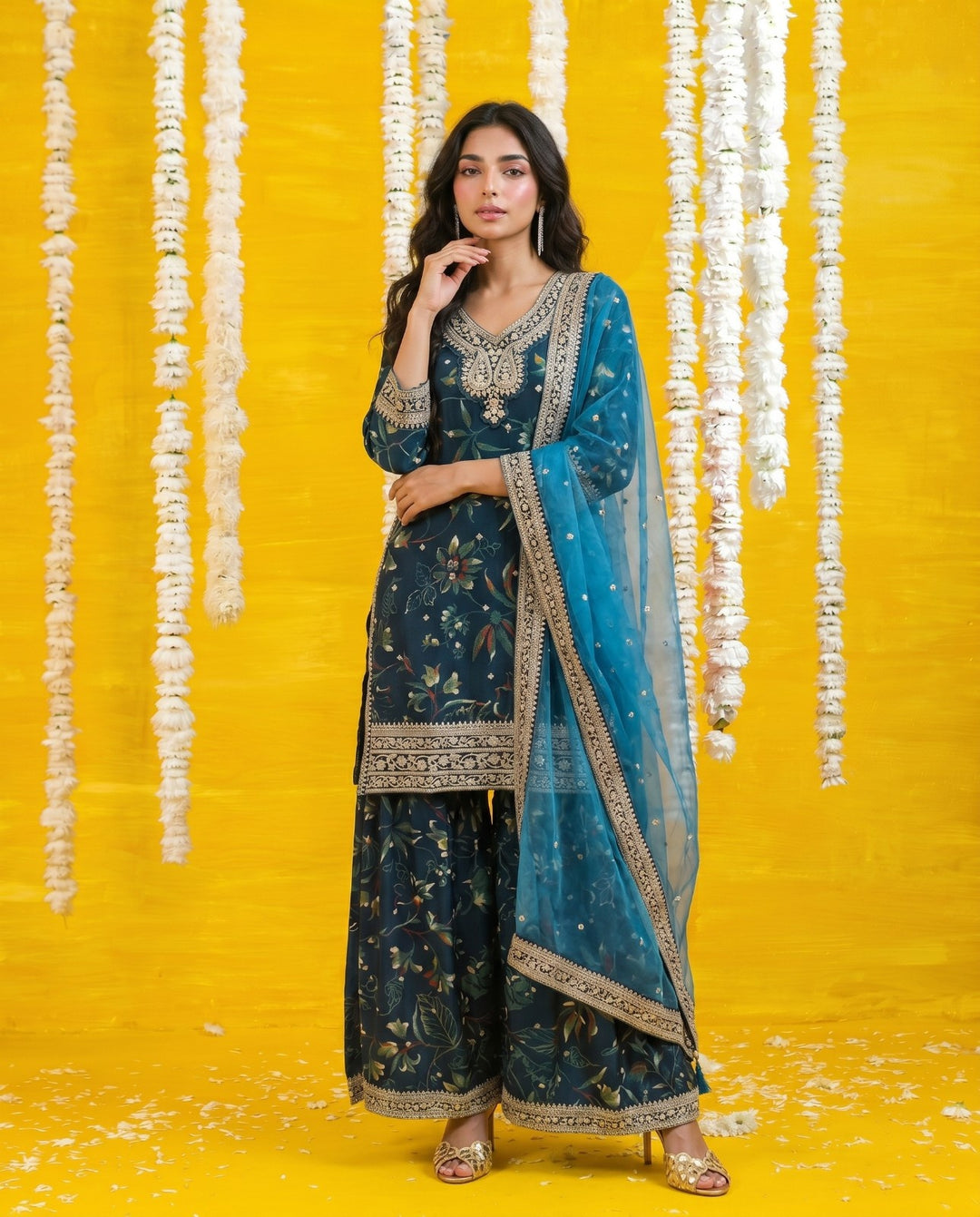 Teal Blue Embriodered Silk Blended Kurta Bottom Dupatta Set