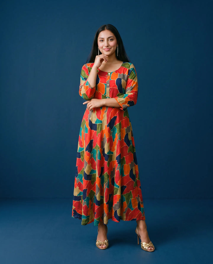 Multi Colour Printed Rayon Maxi Dress