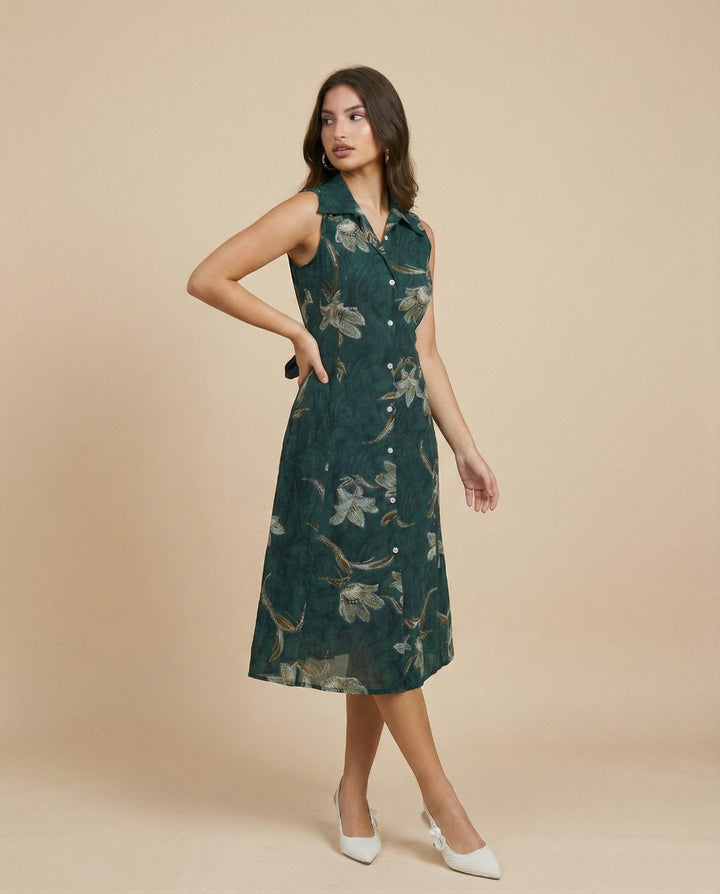 Green Printed Rayon Midi Dress