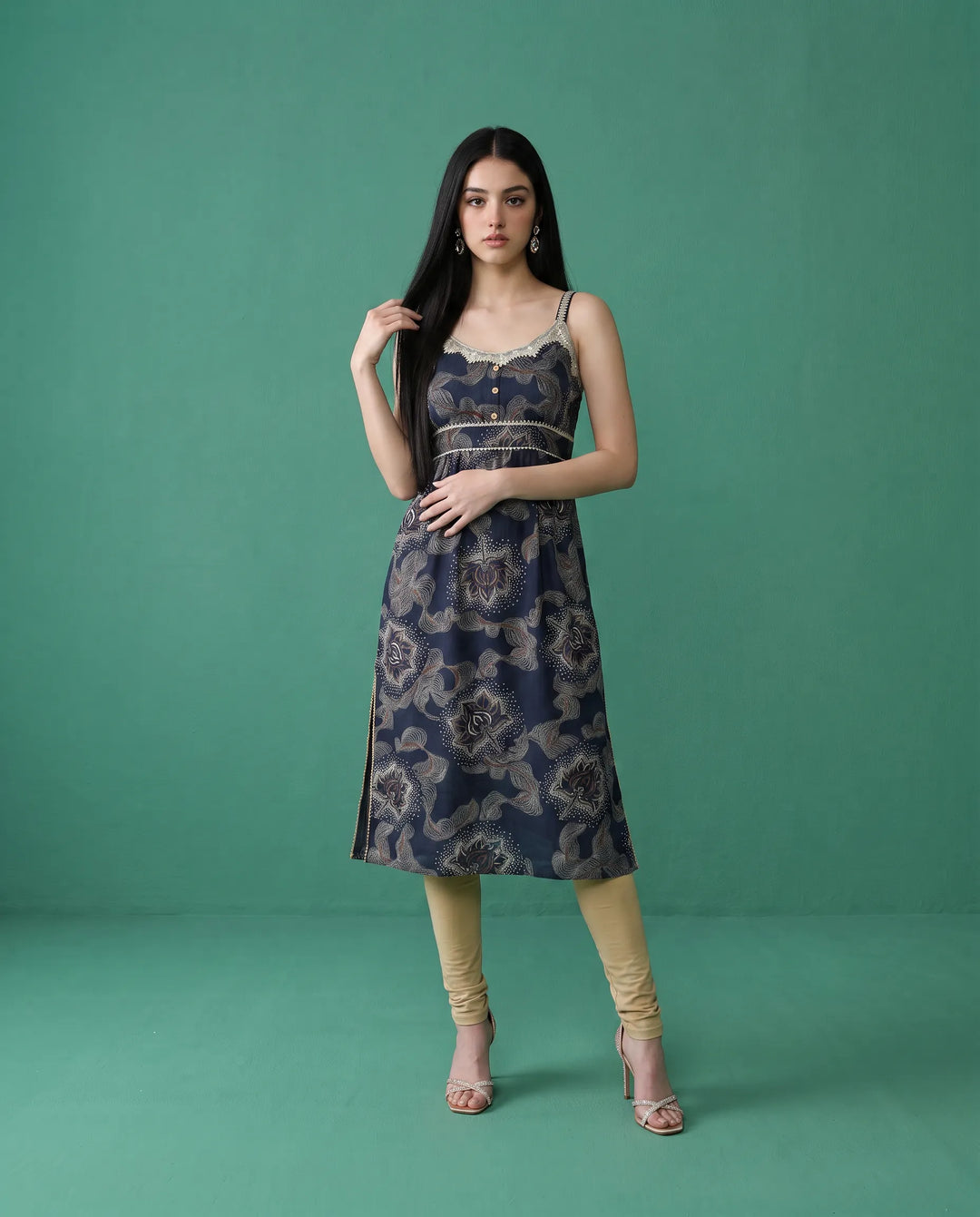 Navy Printed Viscose Blended Spaghetti Strap Straight Cut Long Kurta