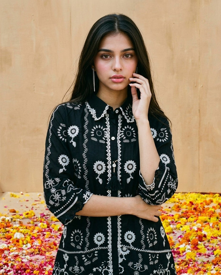 Black Embroidered Cotton Satin Co-Ord Set