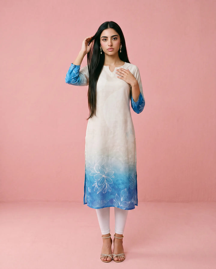 Cream and Royal Blue Printed Crepe Silk Straight cut Long Kurta