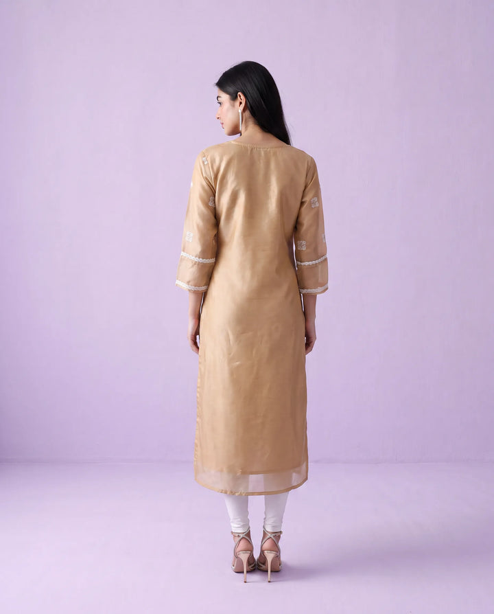 Beige Embroidered Viscose Blended Straight Cut Long Kurta