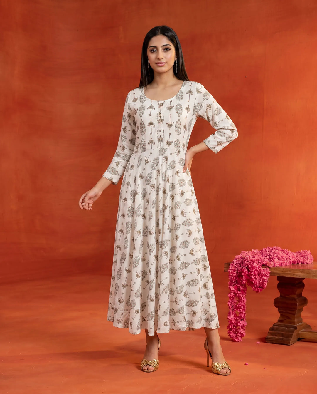 White Printed Rayon Maxi Dress