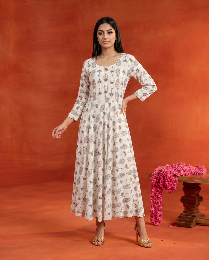 White Printed Rayon Maxi Dress