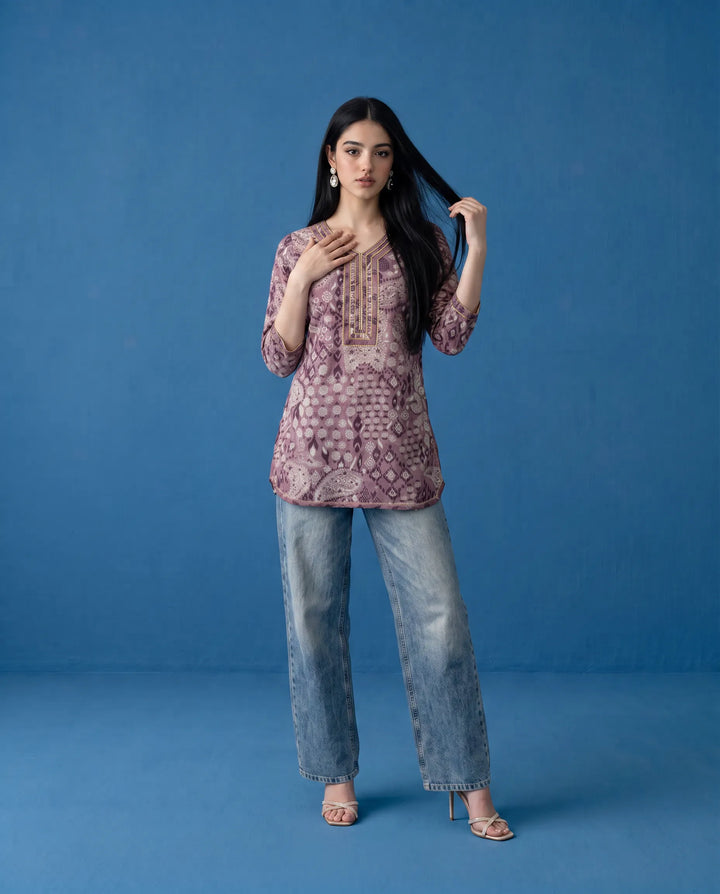 Purple Printed Cotton Short Kurti