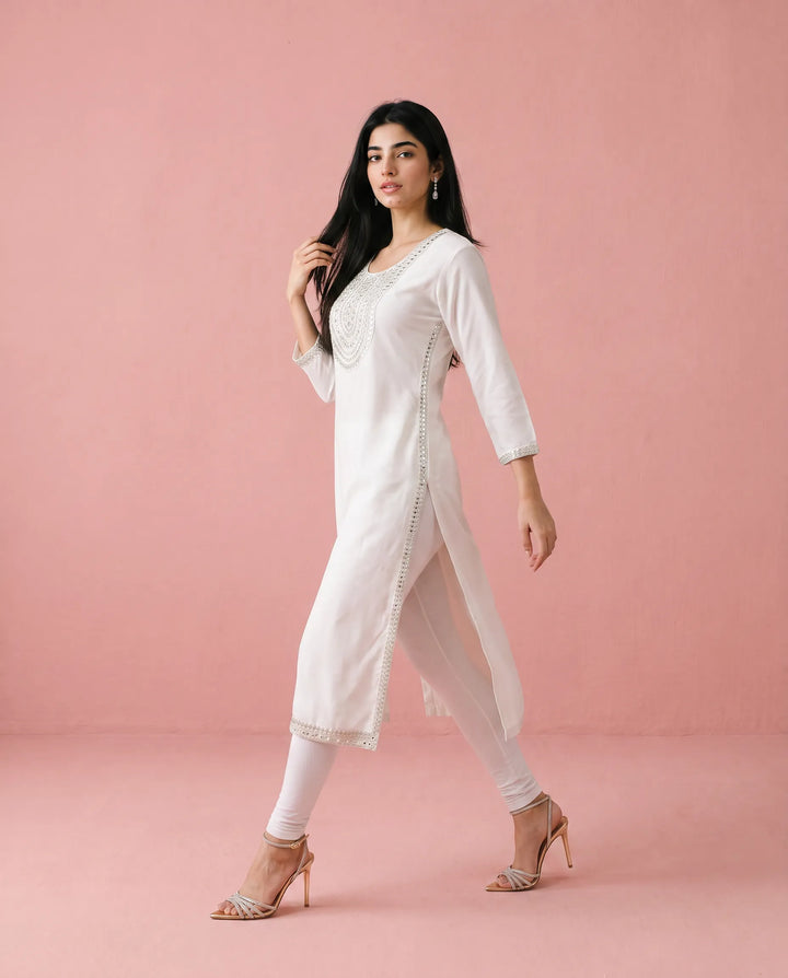 White Embroidered Rayon Straight cut Long Kurta