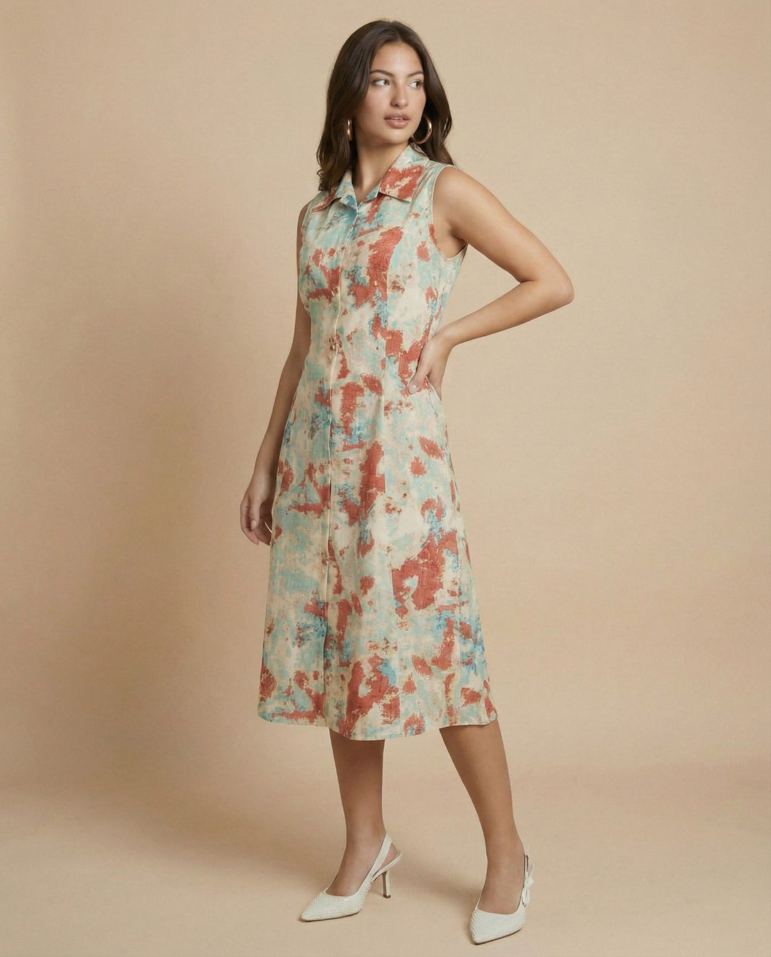 Multi-colour Printed Cotton Blended Midi Dress