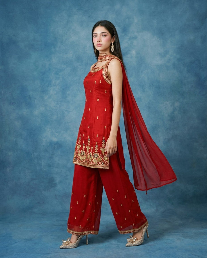 Red Embroidered Silk Blended Kurta Bottom Dupatta Set