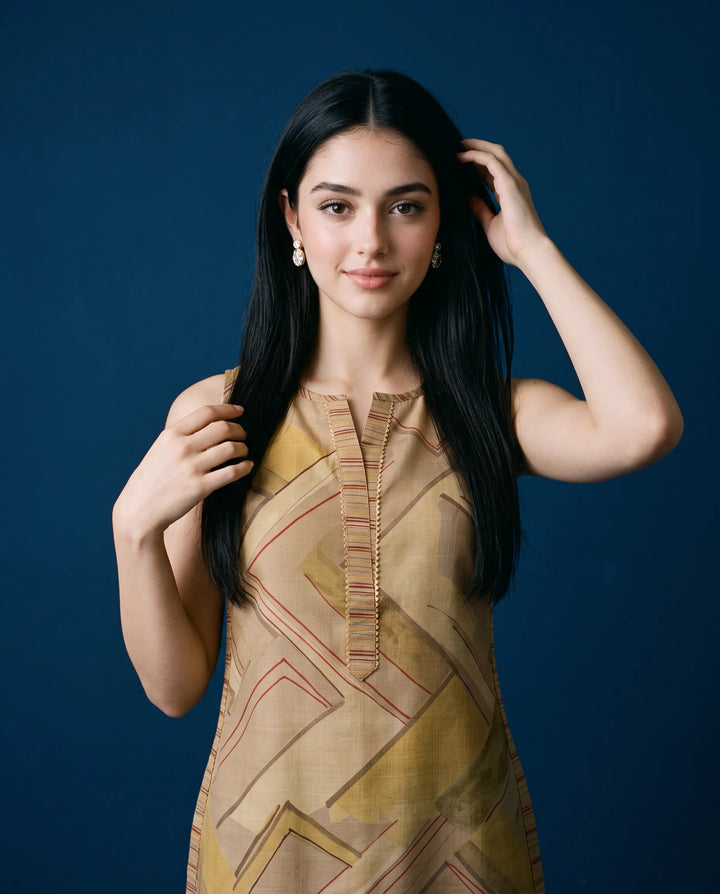 Beige Printed Cotton Blended Sleeveless Short Kurti