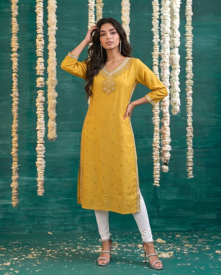 Mustard Embroidered Viscose Blended Straight cut Long Kurta