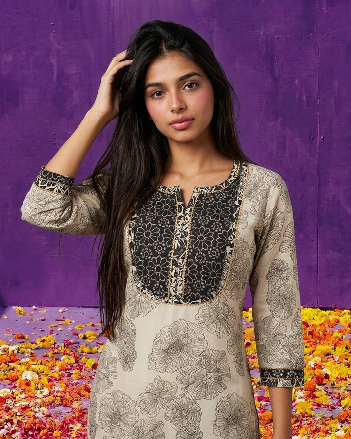 White Printed Cotton Kurta Bottom Dupatta Set