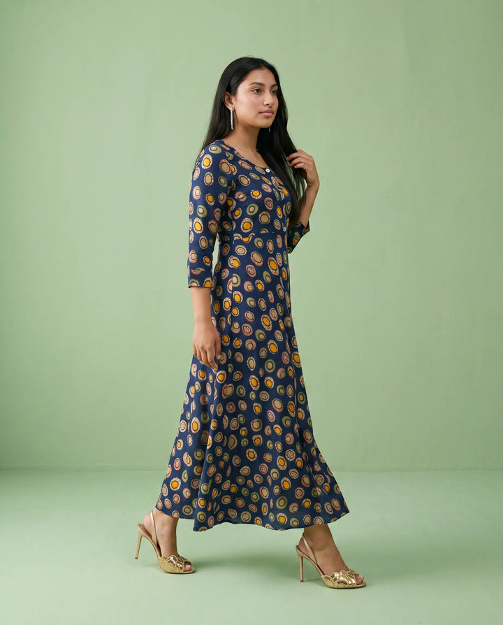 Navy Printed Rayon Maxi Dress