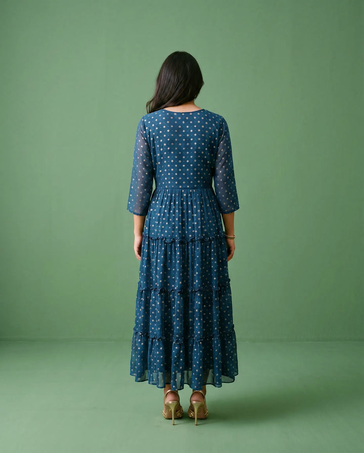 Navy Embriodered Georgette Maxi Dress