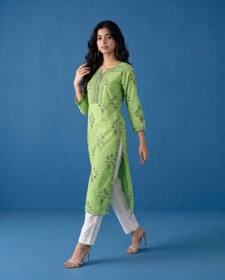 Green Printed Cotton Straight cut Long Kurta