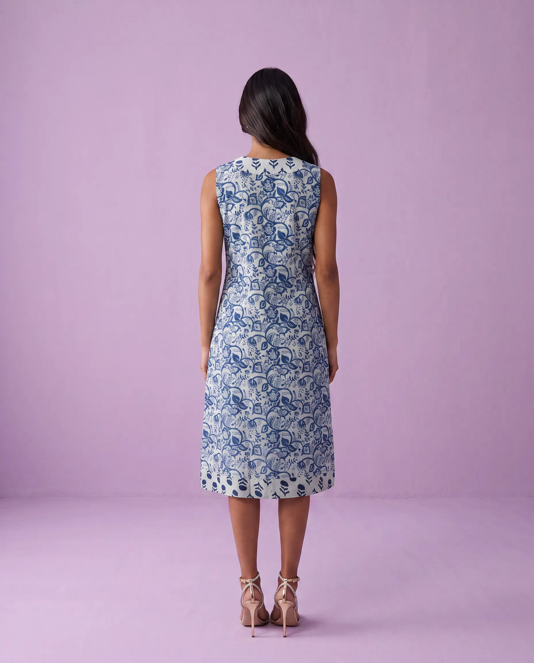 Blue Printed Pure Cotton Hand-Block Printed Midi Dress