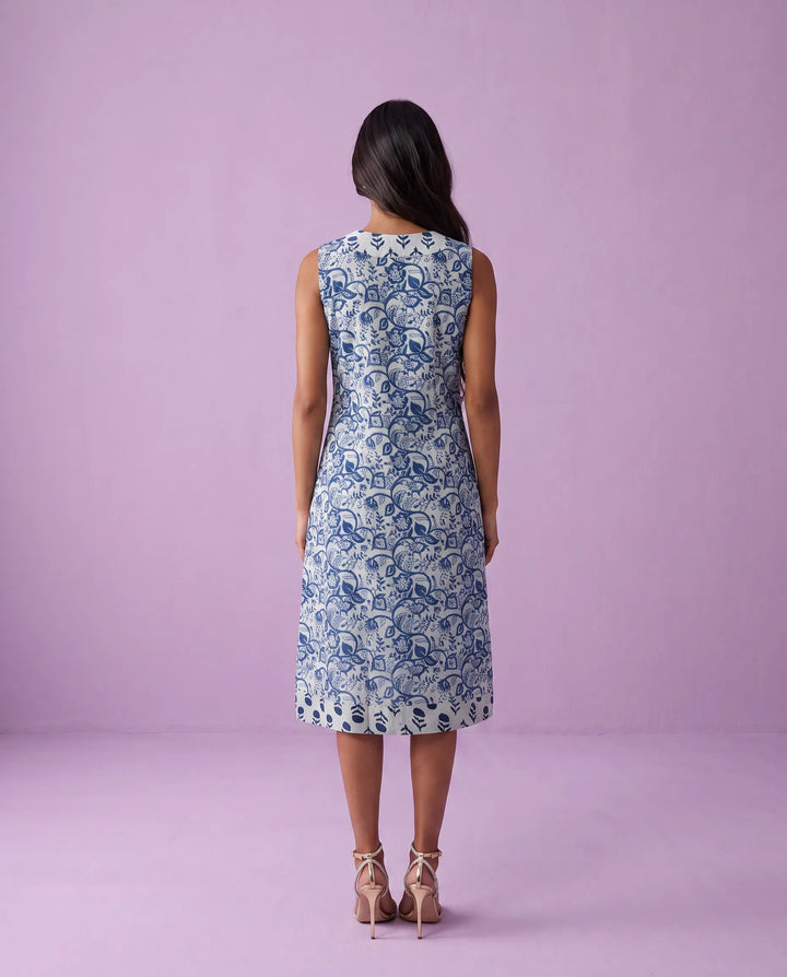 Blue Printed Pure Cotton Hand-Block Printed Midi Dress