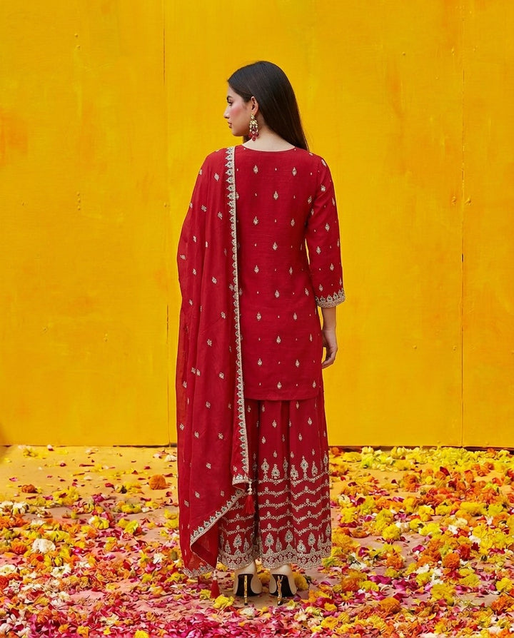 Maroon Embroidered Silk Blended Kurta Bottom Dupatta Set