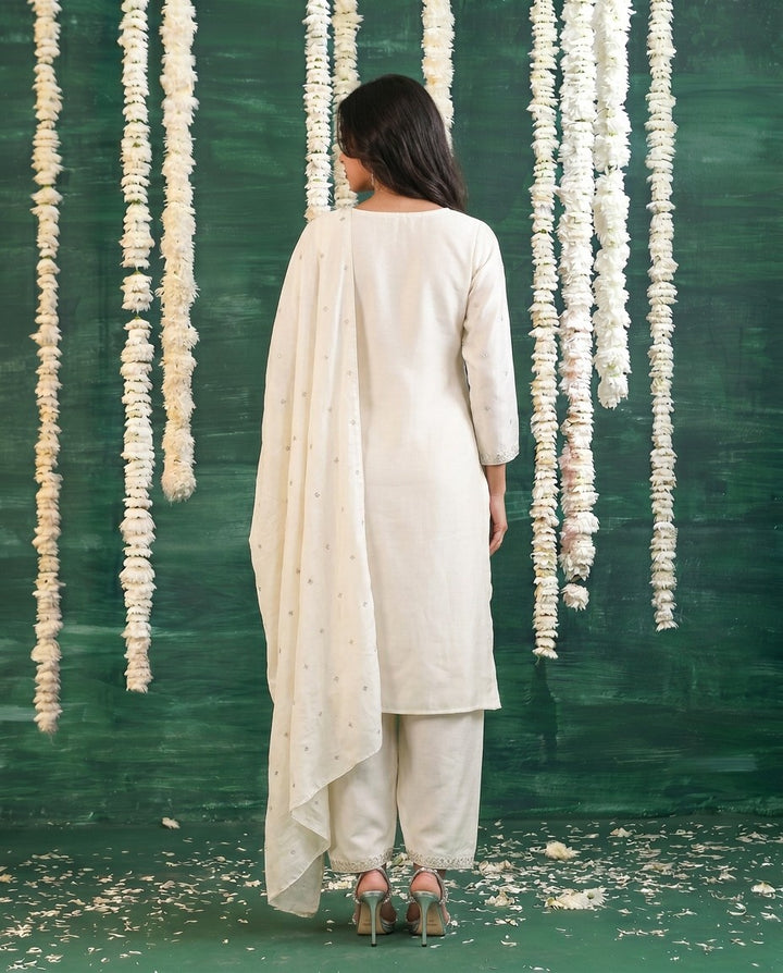 White Embriodered Silk Blended Kurta Bottom Dupatta Set