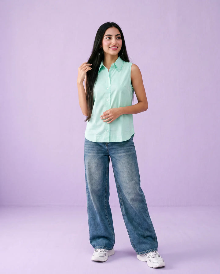 Turquoise Solid Cotton Satin Sleeveless Top