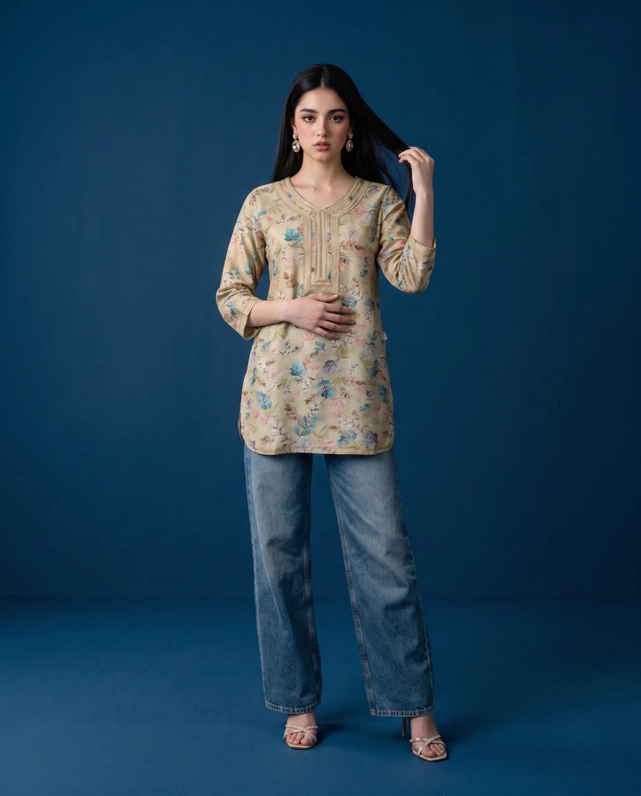 Beige Printed Cotton Blended Short Kurti