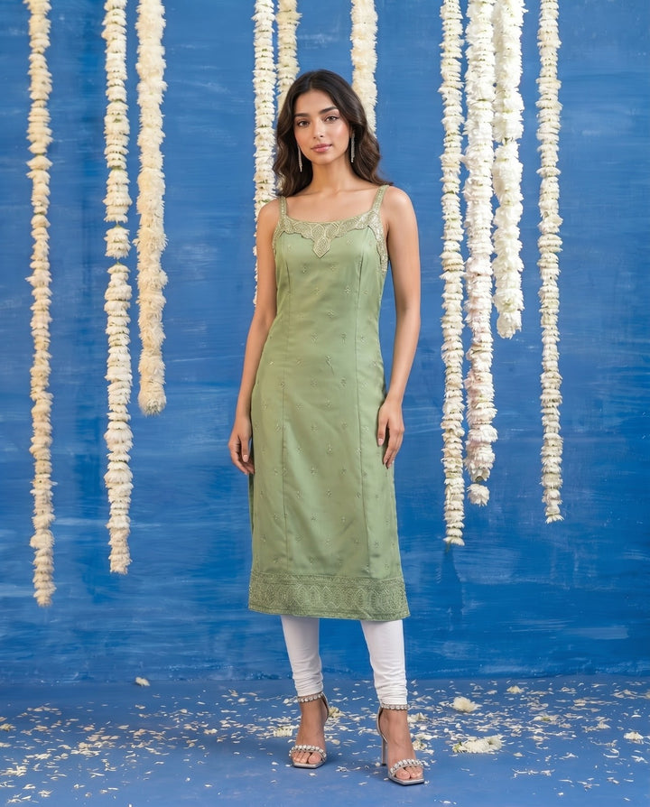 Green Embroidered Viscose Blended Spaghetti Strap Straight Cut Long Kurta