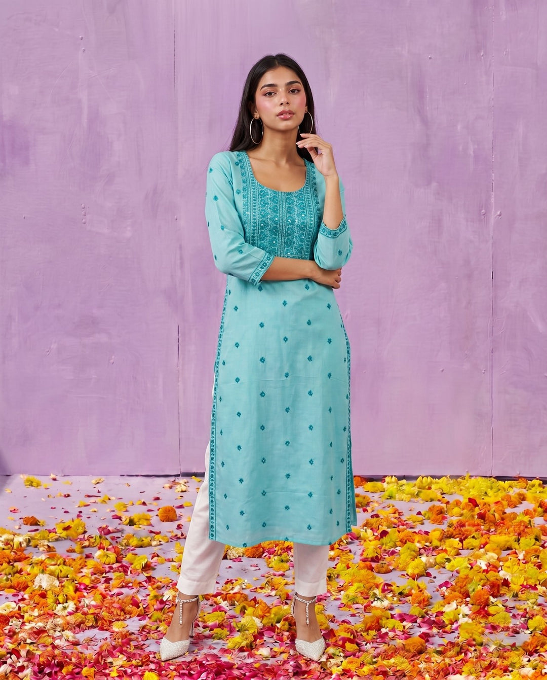 Sky Blue Embroidered Viscose Blended Straight cut Long Kurta