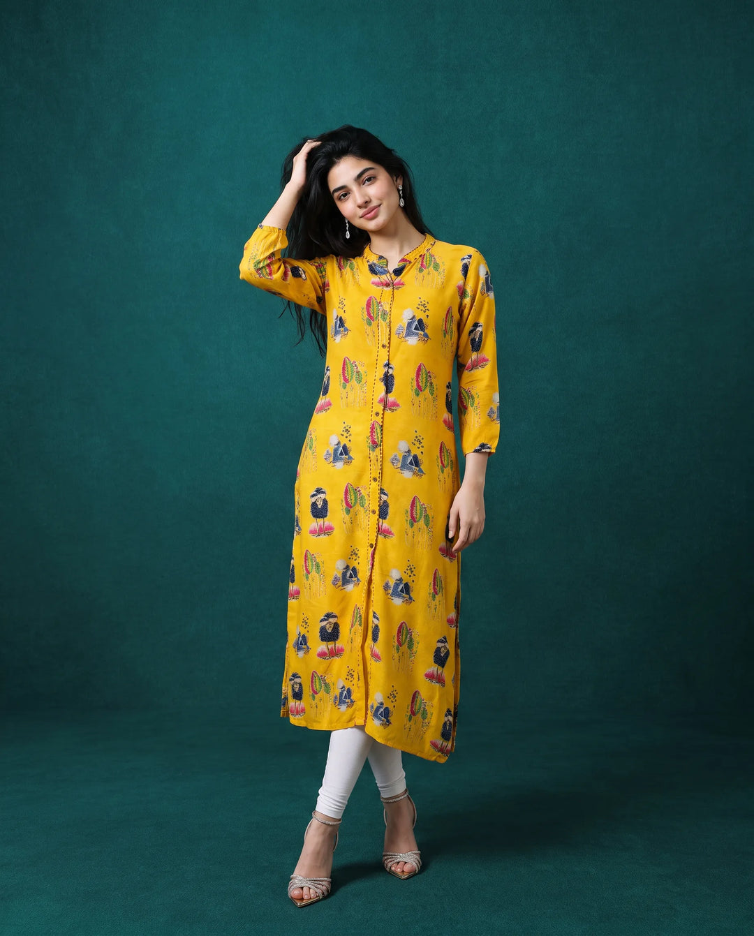 Yellow Printed Rayon Straight cut Long Kurta