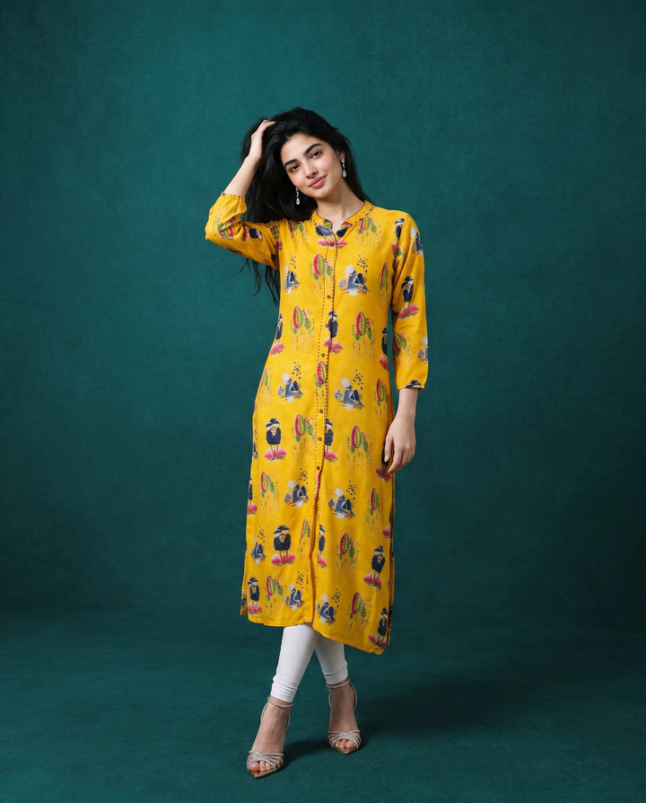 Yellow Printed Rayon Straight cut Long Kurta